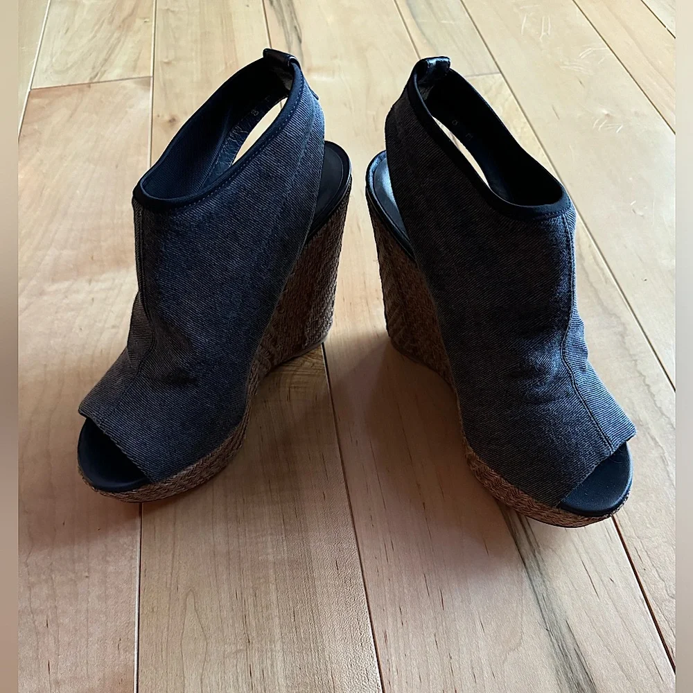 Stuart Weitzman Platform Wedge Slingback Sandals Dark Gray Cork Canvas Size 8 - Picture 5 of 8